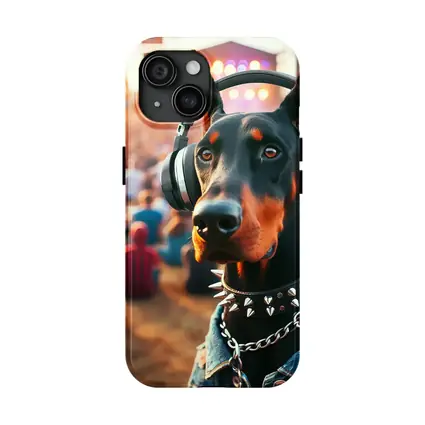 Doberman Pinscher With Headphones At Music Festival