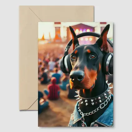 Doberman Pinscher With Headphones At Music Festival