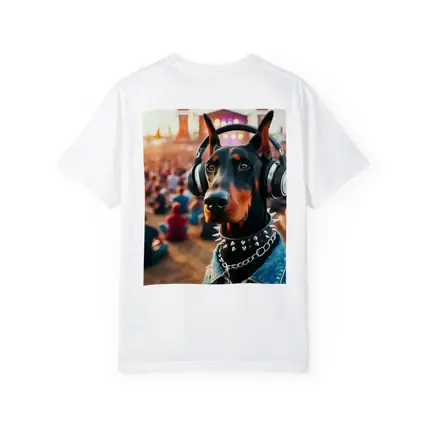 Doberman Pinscher With Headphones At Music Festival