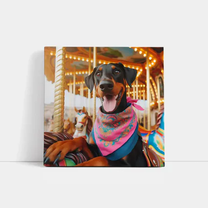 Happy Doberman Pinscher at Colorful Carousel