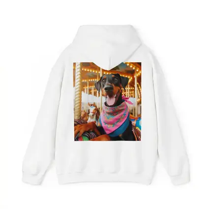 Happy Doberman Pinscher at Colorful Carousel