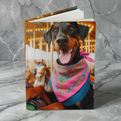 Happy Doberman Pinscher at Colorful Carousel