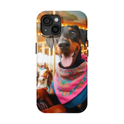 Happy Doberman Pinscher at Colorful Carousel