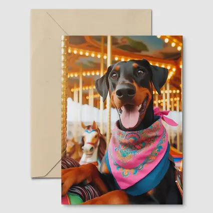 Happy Doberman Pinscher at Colorful Carousel