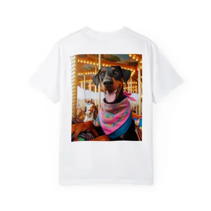Happy Doberman Pinscher at Colorful Carousel