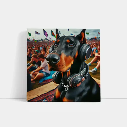 Doberman Wearing Headphones at Music Festival
