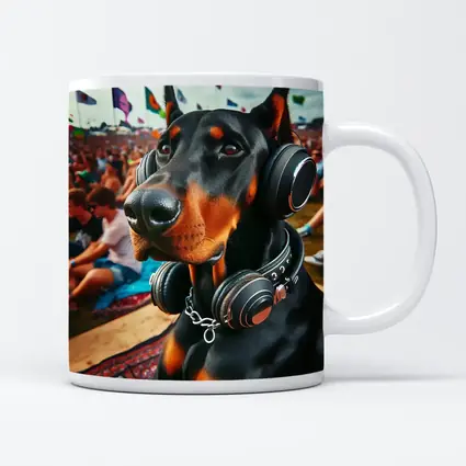 Doberman Wearing Headphones at Music Festival