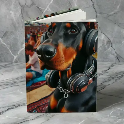 Doberman Wearing Headphones at Music Festival