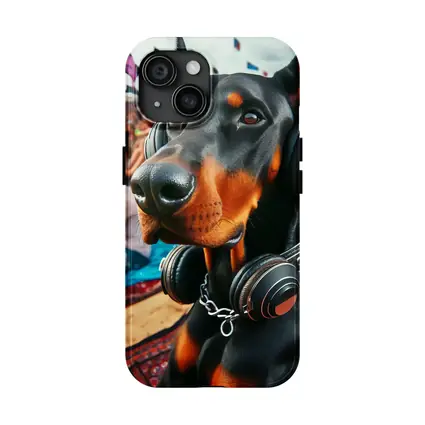 Doberman Wearing Headphones at Music Festival