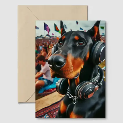 Doberman Wearing Headphones at Music Festival