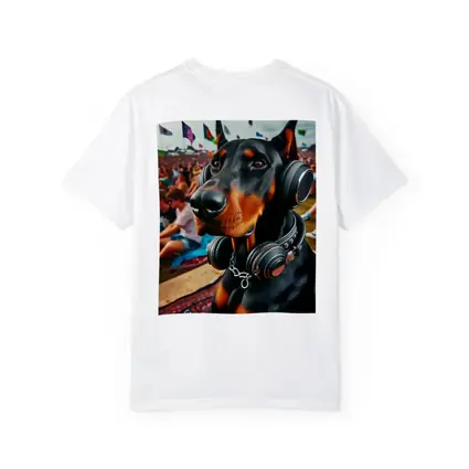 Doberman Wearing Headphones at Music Festival