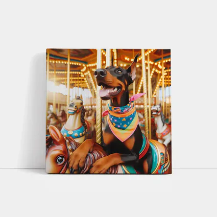 Doberman Pinscher Riding Colorful Carousel Horses