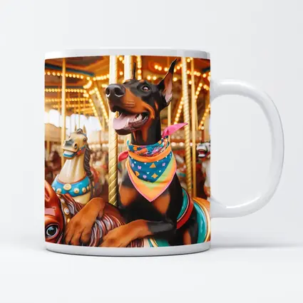 Doberman Pinscher Riding Colorful Carousel Horses