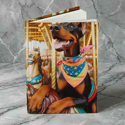 Doberman Pinscher Riding Colorful Carousel Horses