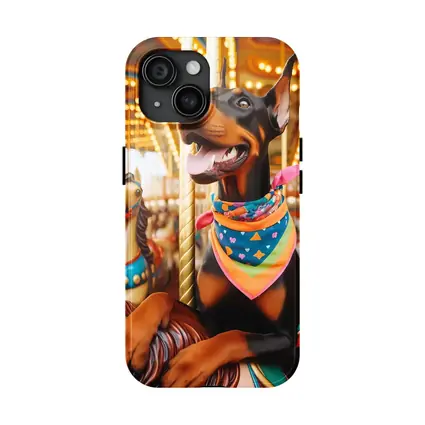 Doberman Pinscher Riding Colorful Carousel Horses