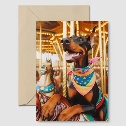 Doberman Pinscher Riding Colorful Carousel Horses