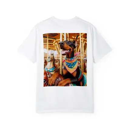 Doberman Pinscher Riding Colorful Carousel Horses