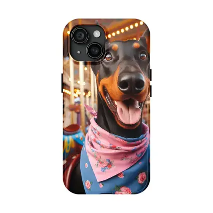 Happy Doberman Pinscher on Carousel Ride