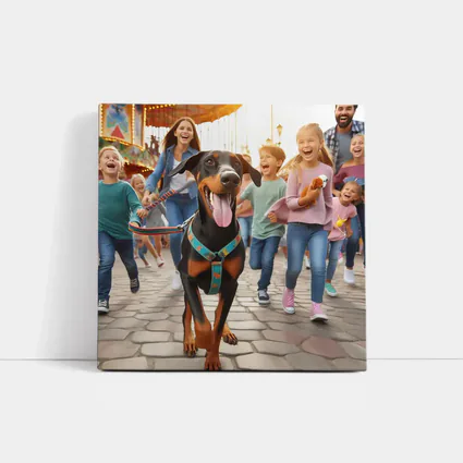 Doberman Pinscher Running With Happy Family