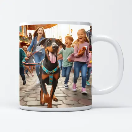 Doberman Pinscher Running With Happy Family
