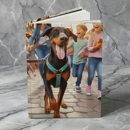Doberman Pinscher Running With Happy Family