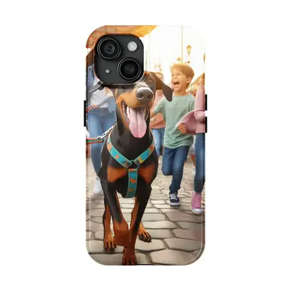 Doberman Pinscher Running With Happy Family