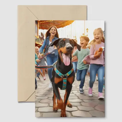 Doberman Pinscher Running With Happy Family