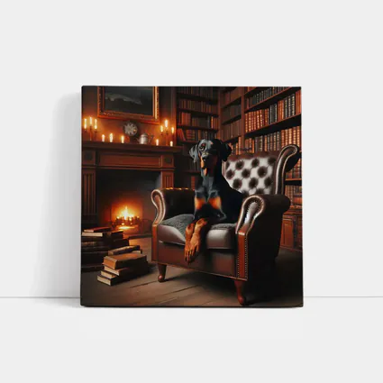 Doberman Pinscher Relaxing in Cozy Library