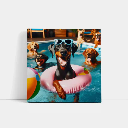 Doberman Pinscher Chilling in Pool Party