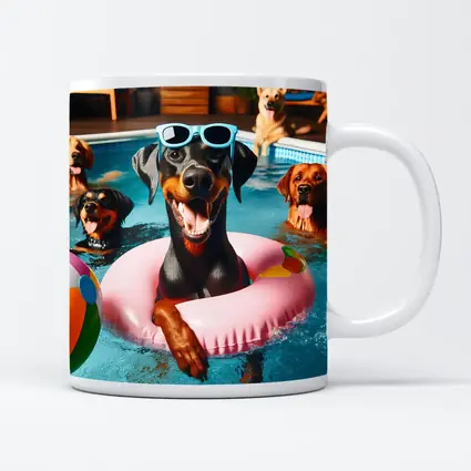 Doberman Pinscher Chilling in Pool Party