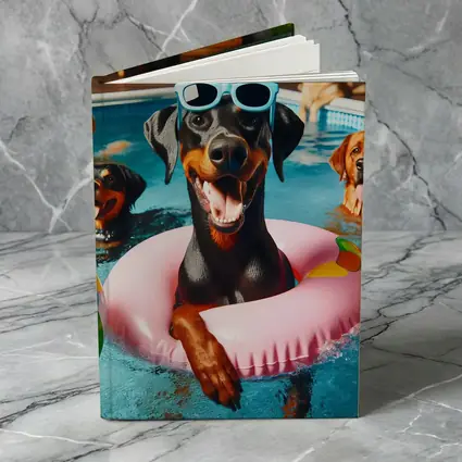 Doberman Pinscher Chilling in Pool Party