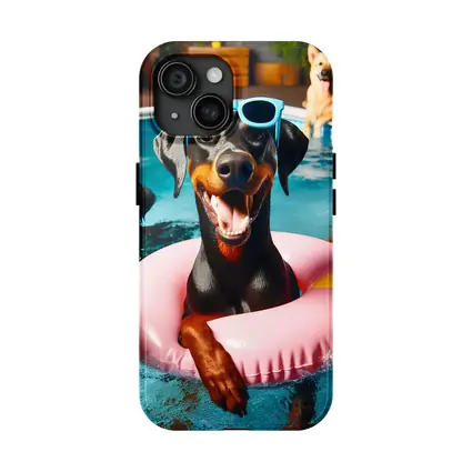 Doberman Pinscher Chilling in Pool Party