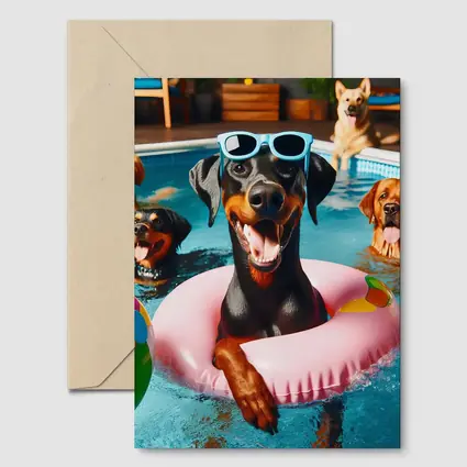 Doberman Pinscher Chilling in Pool Party