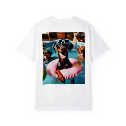 Doberman Pinscher Chilling in Pool Party
