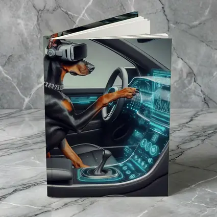 Doberman Pinscher Driving Futuristic Car Interior