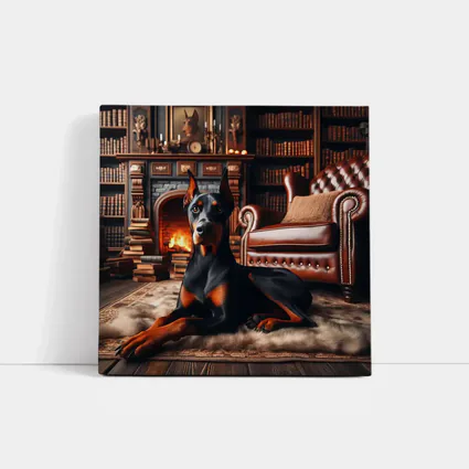 Doberman Pinscher Resting by Cozy Fireplace Library