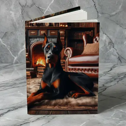 Doberman Pinscher Resting by Cozy Fireplace Library