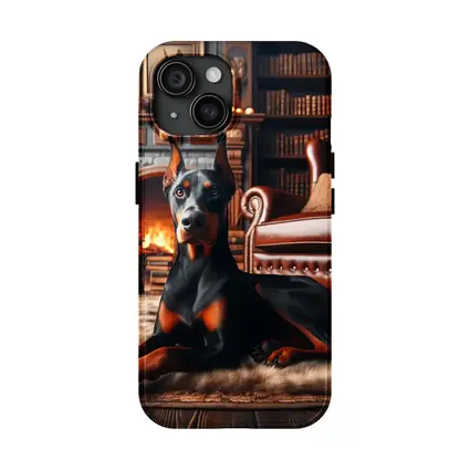Doberman Pinscher Resting by Cozy Fireplace Library