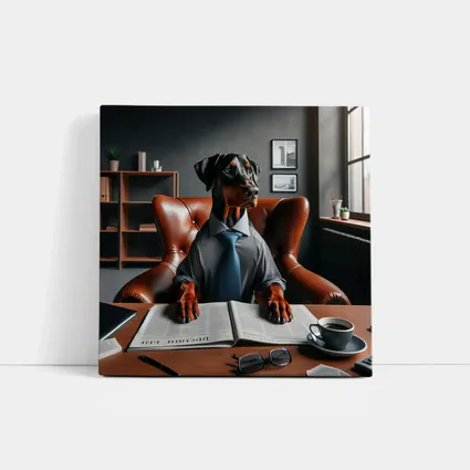 Doberman Pinscher Boss Reading Newspaper Office