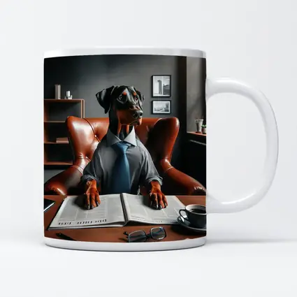 Doberman Pinscher Boss Reading Newspaper Office