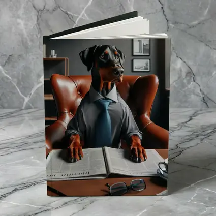 Doberman Pinscher Boss Reading Newspaper Office