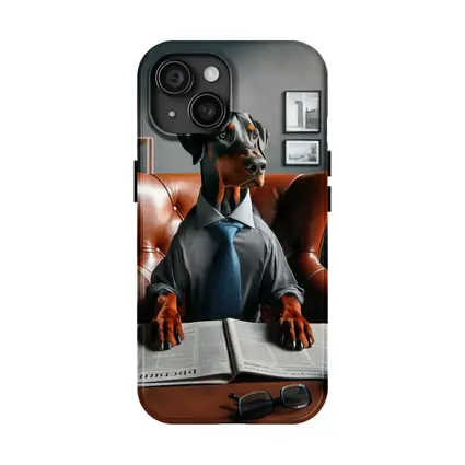 Doberman Pinscher Boss Reading Newspaper Office
