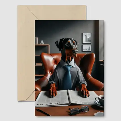 Doberman Pinscher Boss Reading Newspaper Office