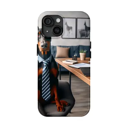 Doberman Pinscher Wearing Tie Office Setting