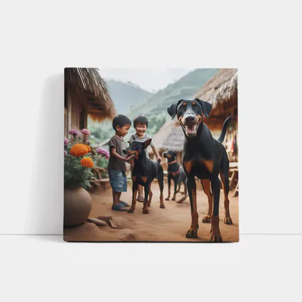 Doberman Pinscher Dogs Village Kids Playing