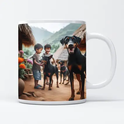 Doberman Pinscher Dogs Village Kids Playing