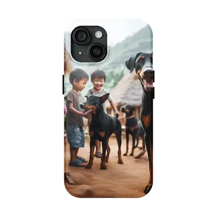 Doberman Pinscher Dogs Village Kids Playing