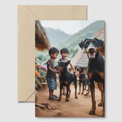 Doberman Pinscher Dogs Village Kids Playing