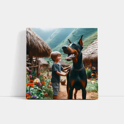 Boy With Doberman Village Mountain Background
