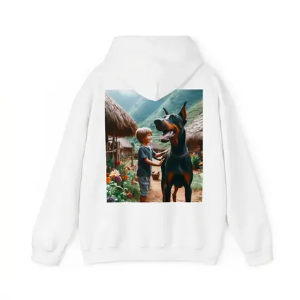 Boy With Doberman Village Mountain Background